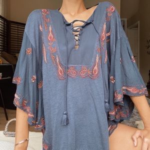 Lucky Brand Boho Navy and Red Embroider Top (M)